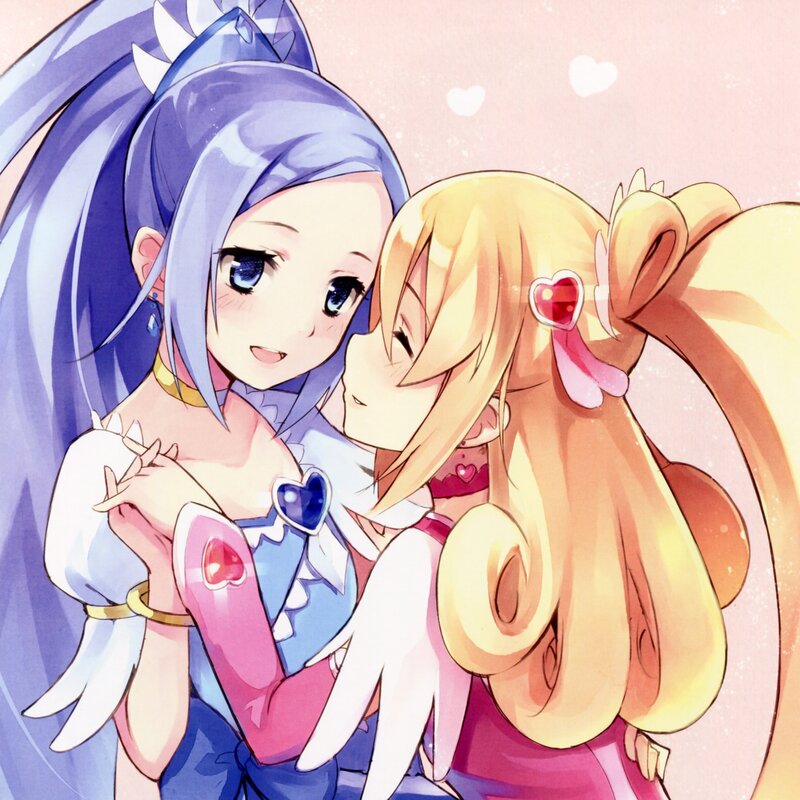 Two Anime Girls Hugging — Blue, Affectionate, Hearts, Wings