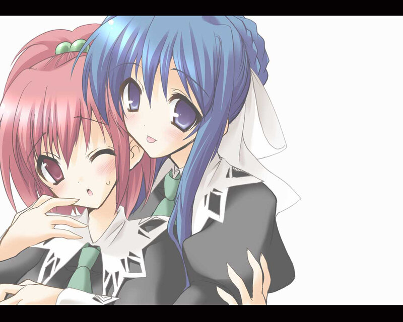 Two Anime Girls Hugging — Blue, Affectionate, School Uniforms, Blushes