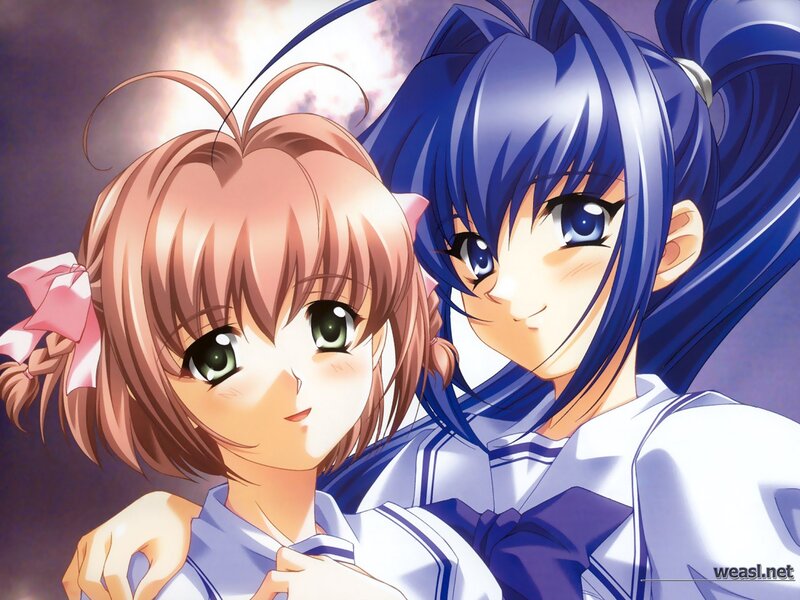 Two Anime Girls Hugging — Blue, Affectionate, School Uniforms