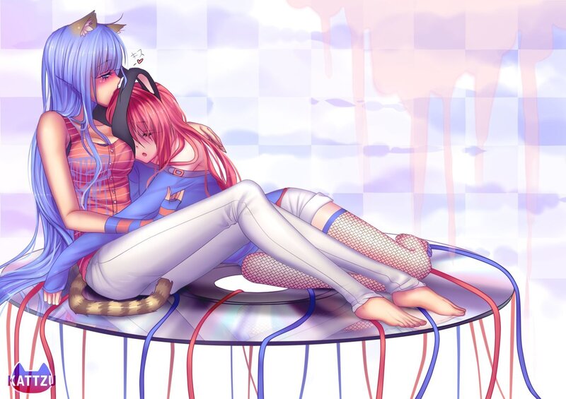 Two Anime Girls Hugging — Blue, Calm, Cat Ears