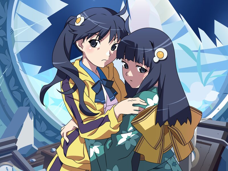 Two Anime Girls Hugging — Blue, Calm, Hug, Hair Clips