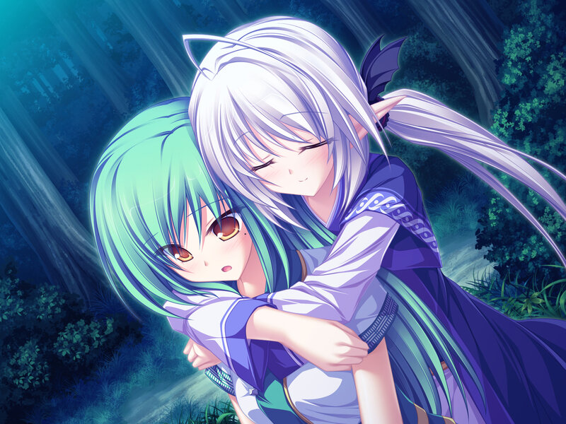 Two Anime Girls Hugging — Blue, Calm, Night, Forest