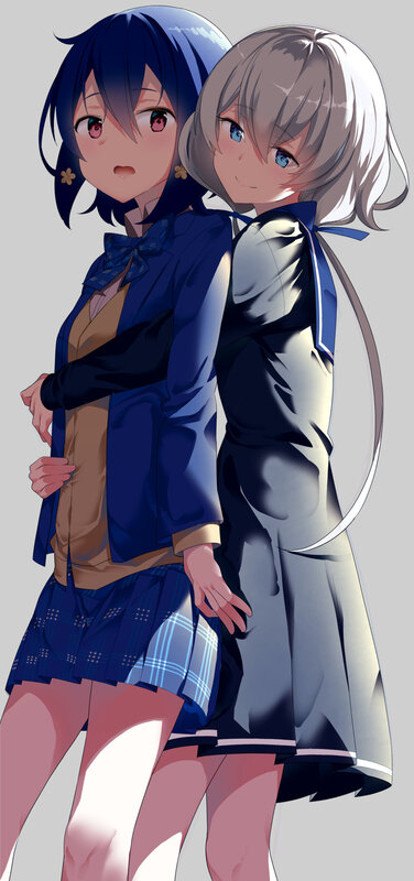 Two Anime Girls Hugging — Blue, Calm, School Uniforms