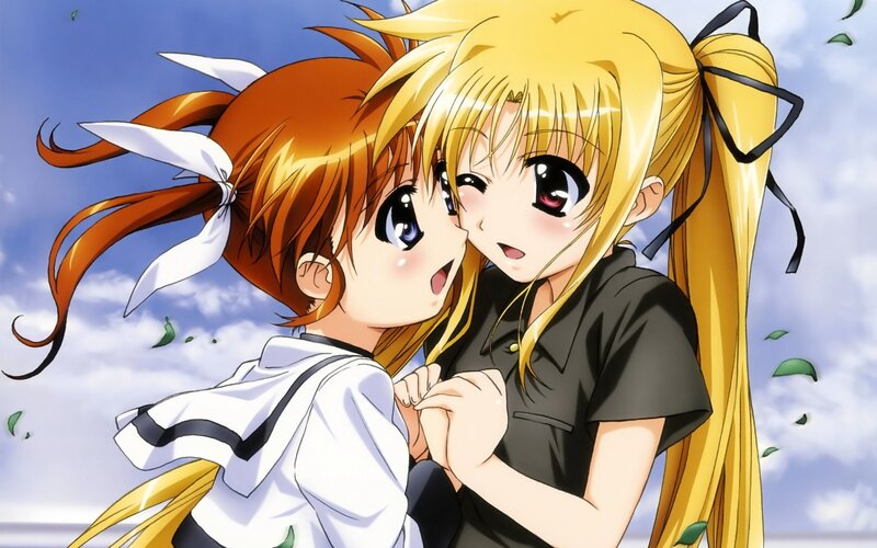 Two Anime Girls Hugging — Blue, Cheerful, Afternoon, Sky, Leaves