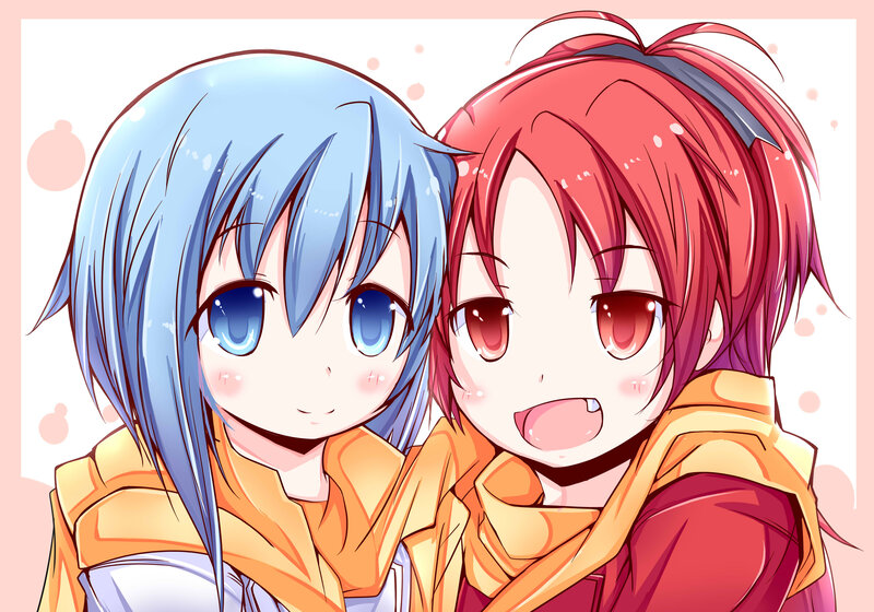 Two Anime Girls Hugging — Blue, Cheerful, Blushes