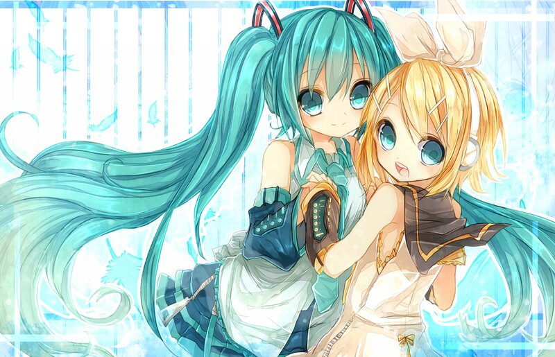 Two Anime Girls Hugging — Blue, Cheerful, Digital Art