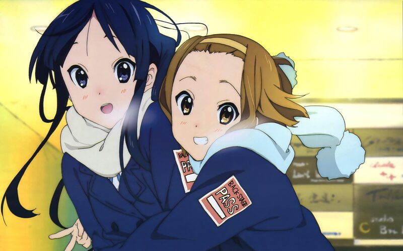 Two Anime Girls Hugging — Blue, Cheerful, Jackets