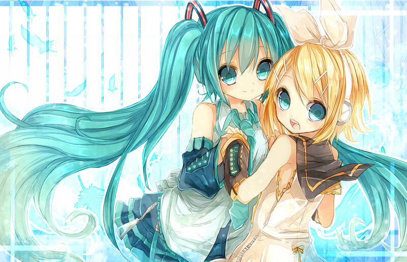 Two Anime Girls Hugging — Blue, Cheerful, Long Hair