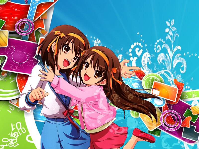 Two Anime Girls Hugging — Blue, Cheerful, School Uniforms, Colorful Graphics