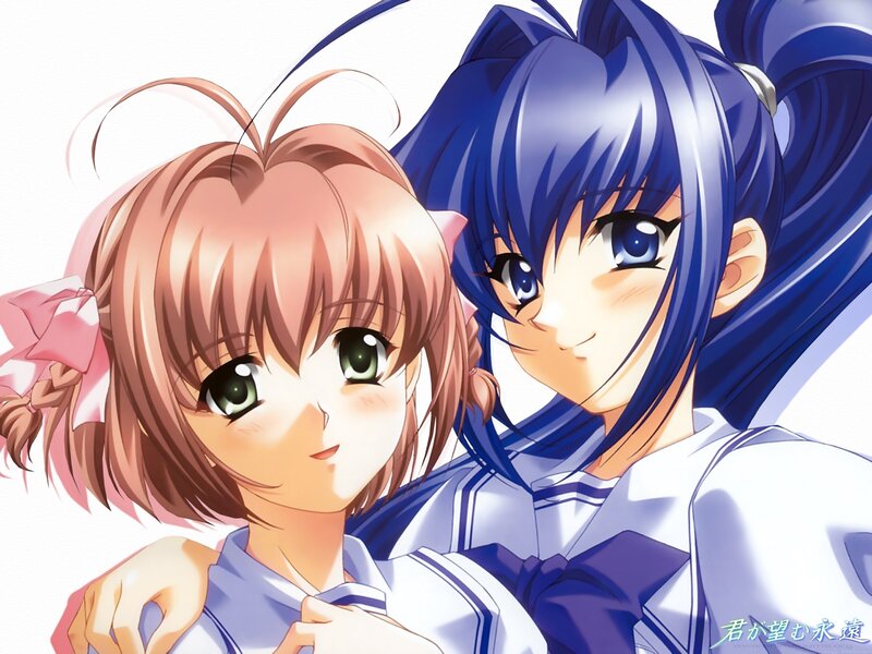 Two Anime Girls Hugging — Blue, Cheerful, School Uniforms
