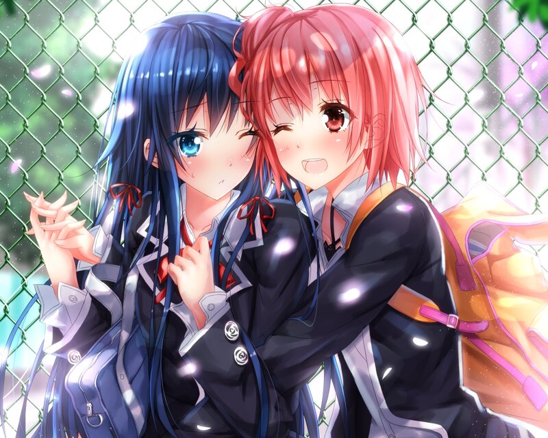 Two Anime Girls Hugging — Blue, Cheerful, Spring