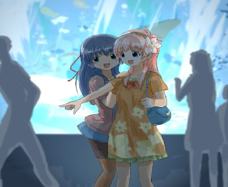 Two Anime Girls Hugging — Blue, Cheerful