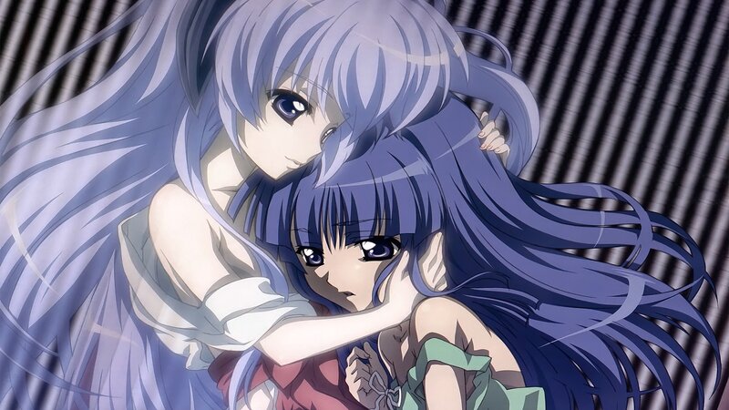 Two Anime Girls Hugging — Blue, Dramatic, Long Hair, Striped Background