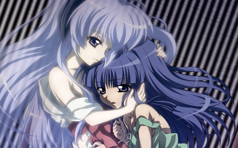 Two Anime Girls Hugging — Blue, Dramatic, Long Hair