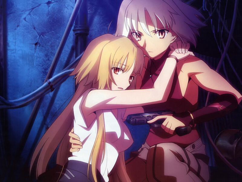 Two Anime Girls Hugging — Blue, Dramatic, Night, Gun