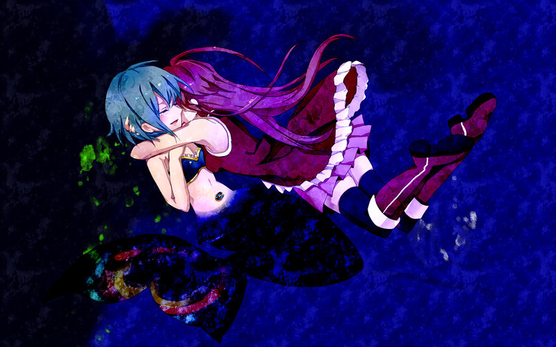Two Anime Girls Hugging — Blue, Dramatic, Night, Long Hair, Dark Background, Green Particles