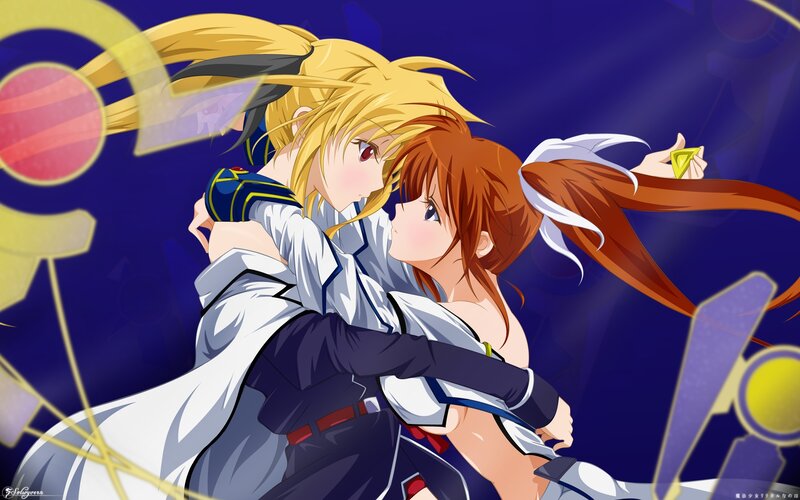 Two Anime Girls Hugging — Blue, Dramatic, Night, Long Hair