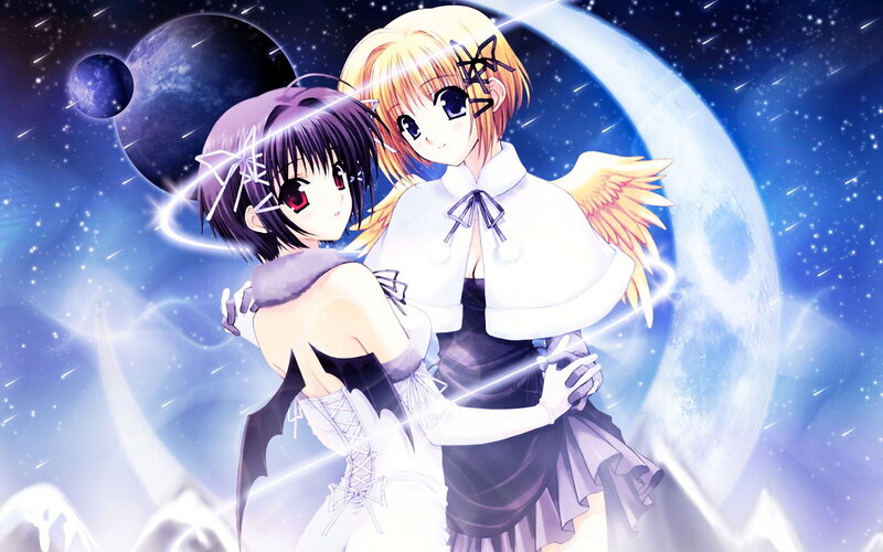 Two Anime Girls Hugging — Blue, Dreamy, Night, Wings
