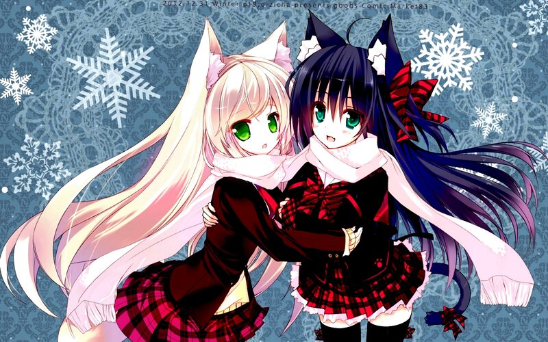 Two Anime Girls Hugging — Blue, Festive, Winter