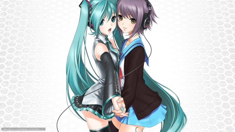Two Anime Girls Hugging — Blue, Friendly, Headphones