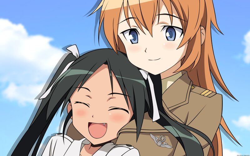 Two Anime Girls Hugging — Blue, Happy, Afternoon, Sky, Clouds