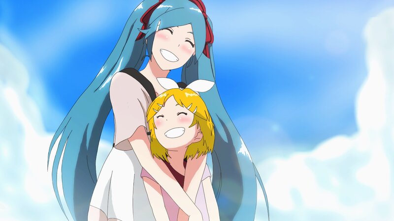 Two Anime Girls Hugging — Blue, Happy, Afternoon