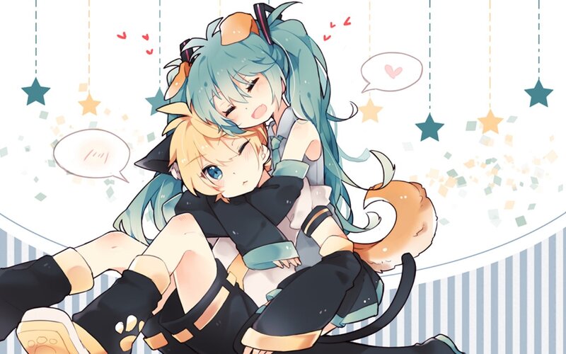 Two Anime Girls Hugging — Blue, Happy, Cat Ears