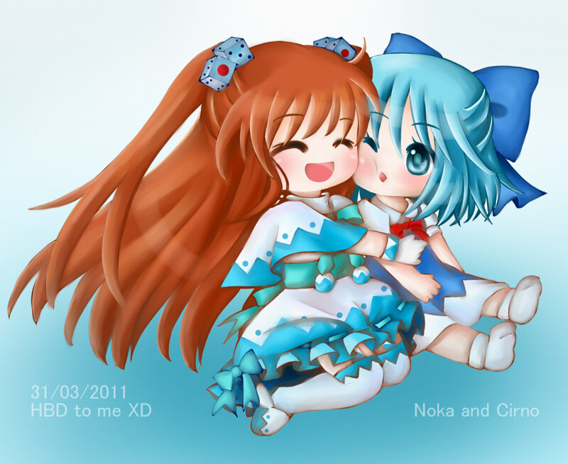 Two Anime Girls Hugging — Blue, Happy, Digital Art