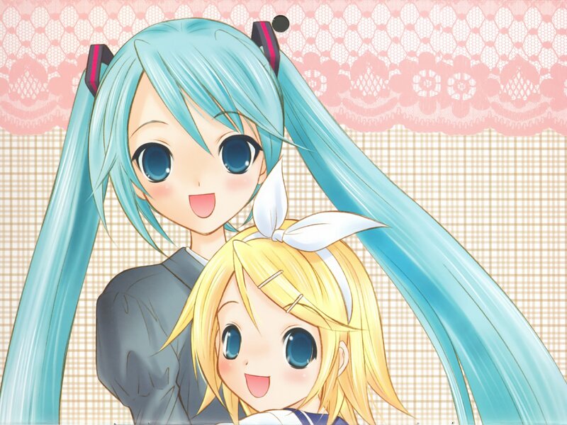 Two Anime Girls Hugging — Blue, Happy, Long Hair, Bows