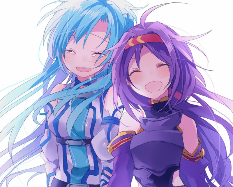 Two Anime Girls Hugging — Blue, Happy, Long Hair