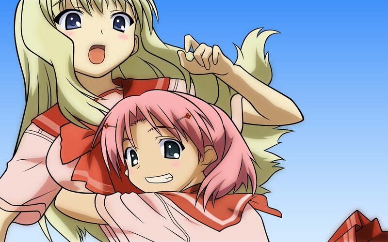 Two Anime Girls Hugging — Blue, Happy