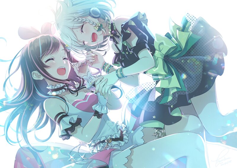 Two Anime Girls Hugging — Blue, Joyful, Bows