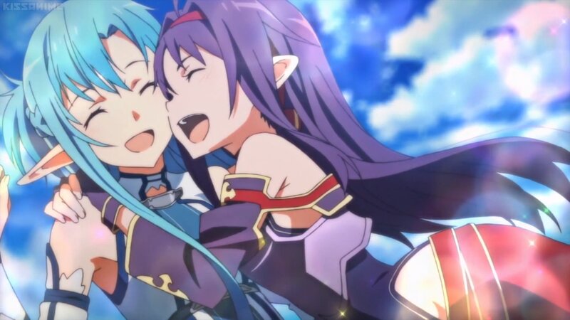 Two Anime Girls Hugging — Blue, Joyful
