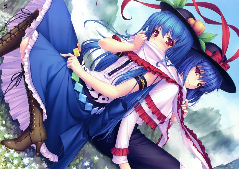 Two Anime Girls Hugging — Blue, Playful, Afternoon