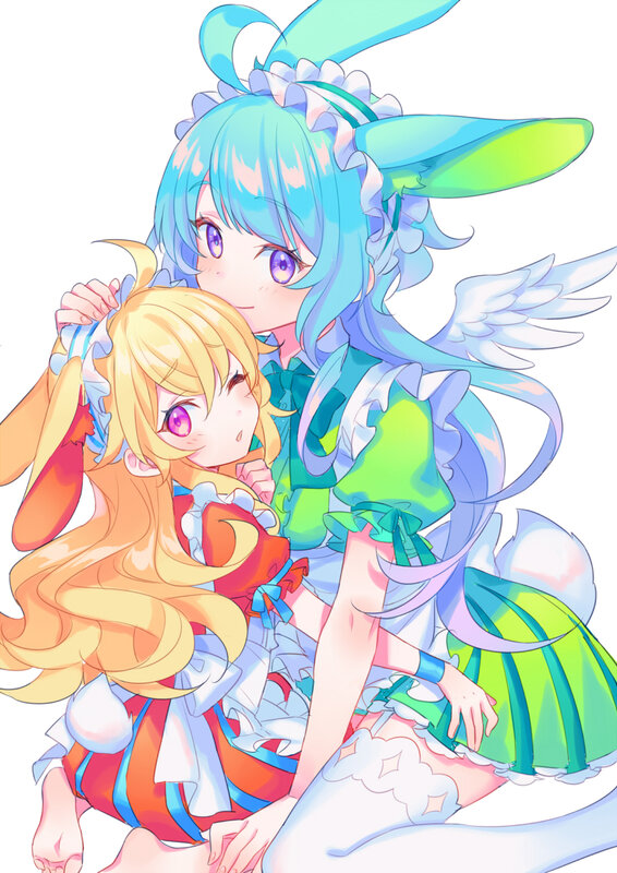 Two Anime Girls Hugging — Blue, Playful, Bunny Ears