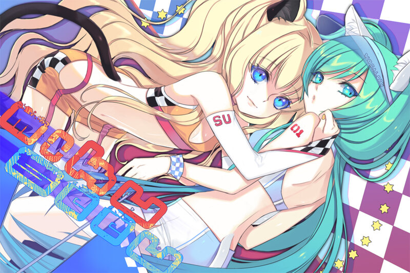 Two Anime Girls Hugging — Blue, Playful, Cat Ears