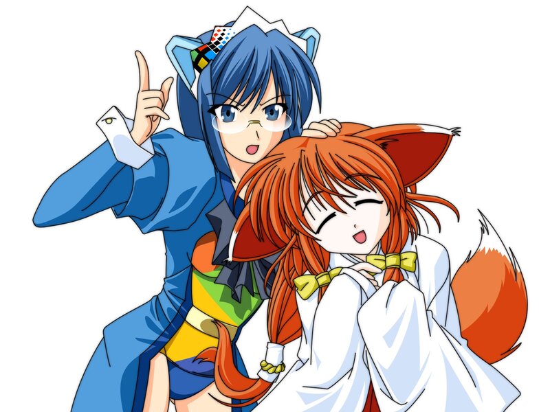 Two Anime Girls Hugging — Blue, Playful, Glasses