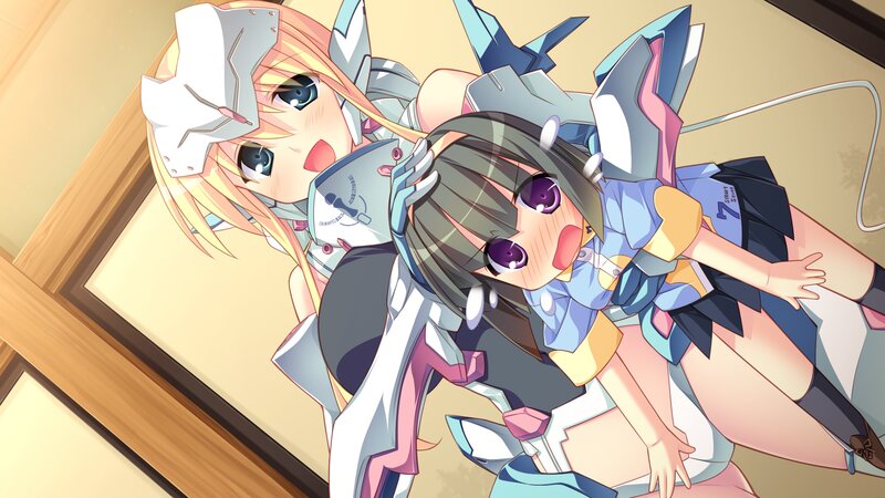 Two Anime Girls Hugging — Blue, Playful, Mecha Armor