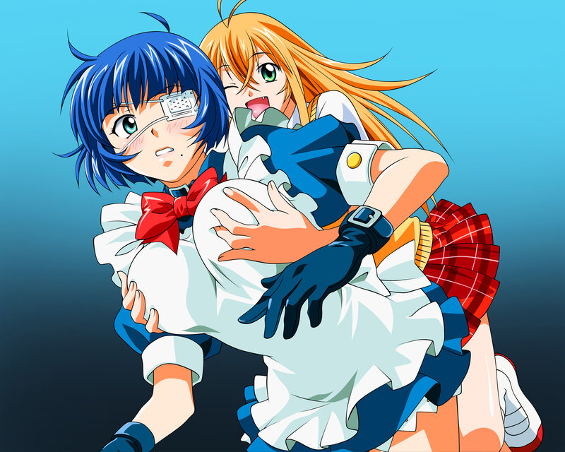 Two Anime Girls Hugging — Blue, Playful, School Uniforms, Eyepatch, Gloves