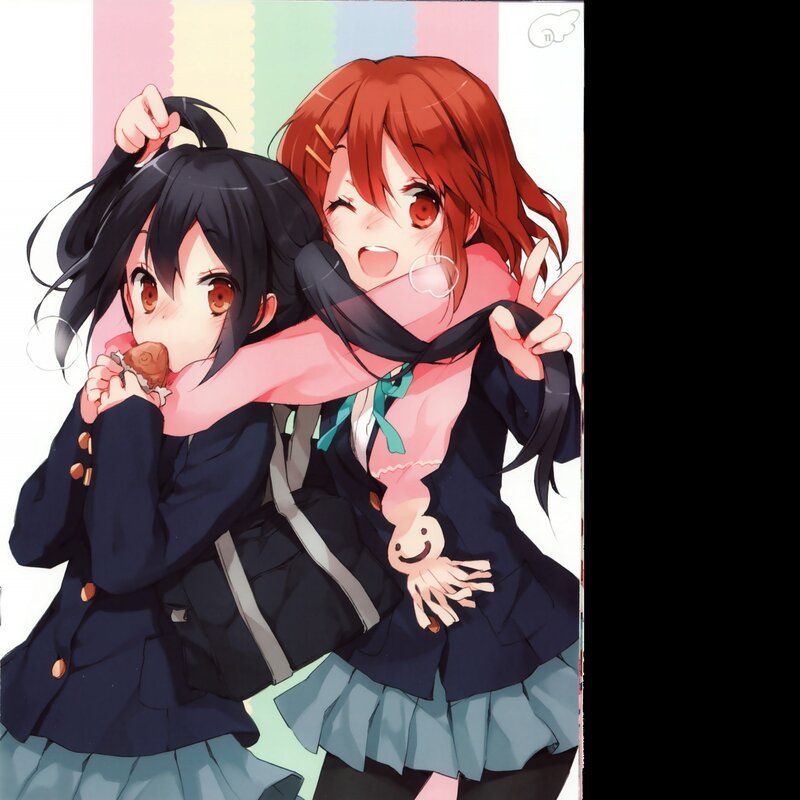 Two Anime Girls Hugging — Blue, Playful, School Uniforms, Food
