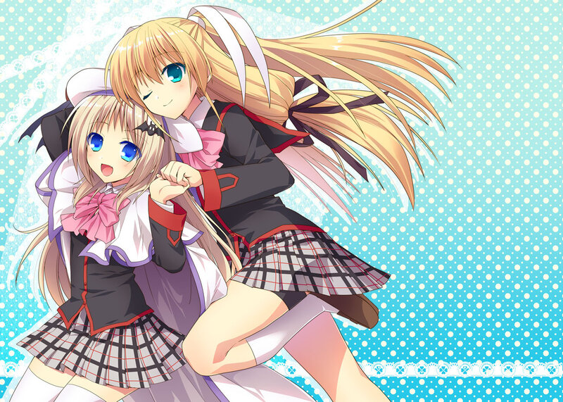 Two Anime Girls Hugging — Blue, Playful, School Uniforms, Plaid Skirts
