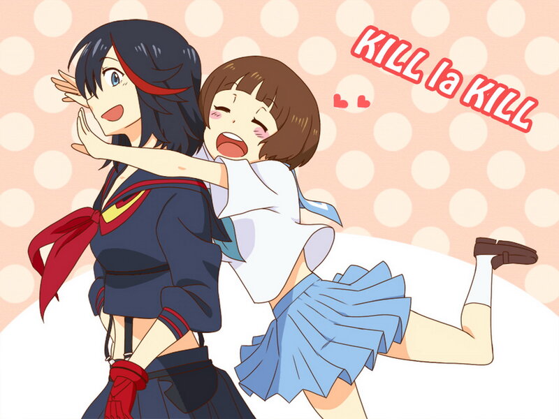 Two Anime Girls Hugging — Blue, Playful, School Uniforms, Polka Dots