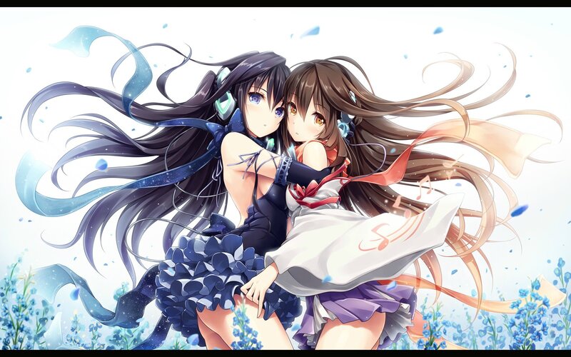 Two Anime Girls Hugging — Blue, Playful, Spring, Flowers