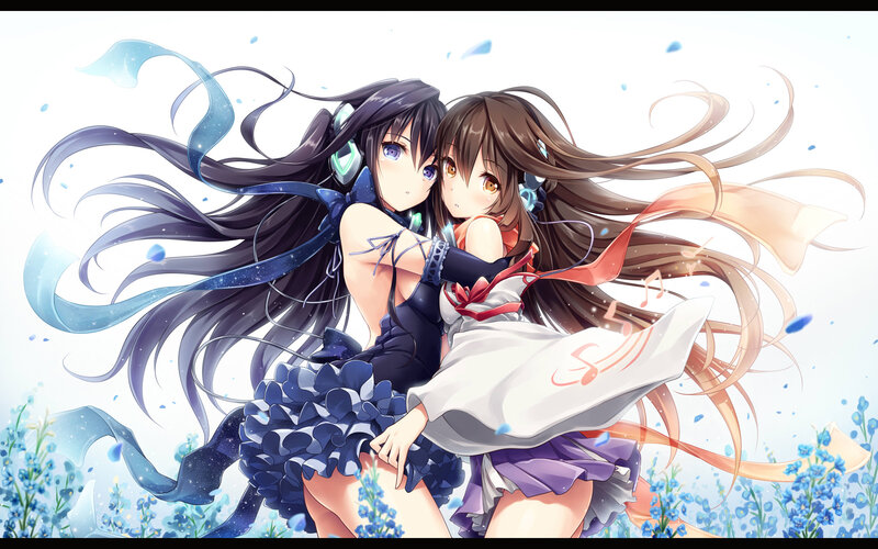 Two Anime Girls Hugging — Blue, Playful, Spring