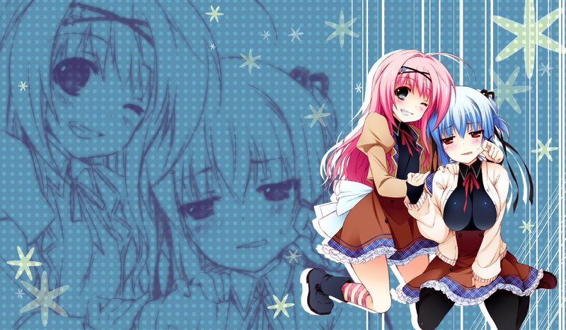 Two Anime Girls Hugging — Blue, Playful, Stars, Sketches