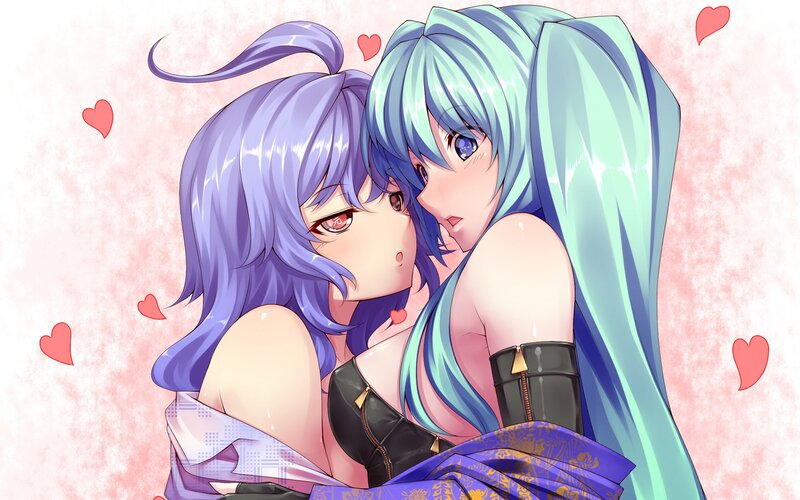 Two Anime Girls Hugging — Blue, Romantic, Hearts, Long Hair