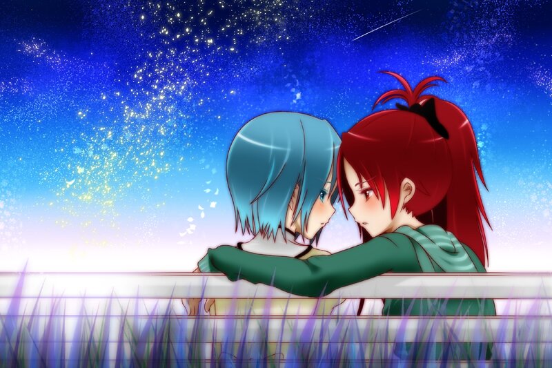 Two Anime Girls Hugging — Blue, Romantic, Night