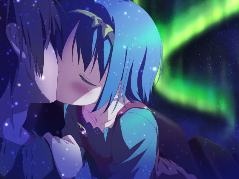 Two Anime Girls Hugging — Blue, Romantic