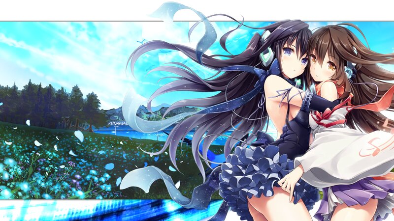 Two Anime Girls Hugging — Blue, Serene, Afternoon, Headphones