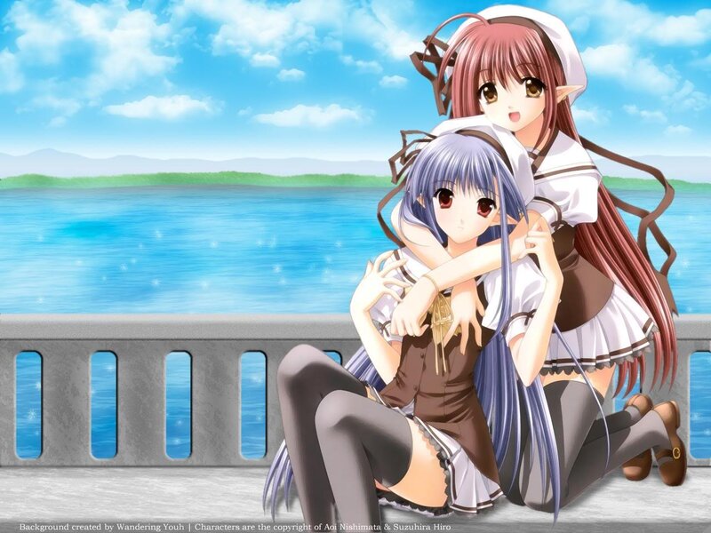 Two Anime Girls Hugging — Blue, Serene, Afternoon, River